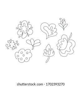 Hand drawn black floral elements on the white background. Floral decorative collection using for decoration of text, invitation, greeting cards, quotes, blogs, wedding frames