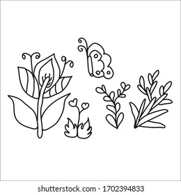 Elementos florales negros dibujados a mano sobre el fondo blanco. Colección decorativa floral que utiliza para la decoración de texto, invitación, tarjetas de felicitación, citas, blogs, marcos de boda.