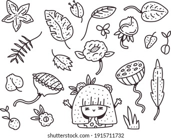 Elementos florales negros dibujados a mano sobre el fondo blanco. vector vegetal