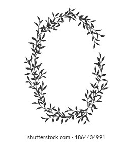 Hand Drawn Black Floral Oval Frame Wreath With Space To Your Text On White Background