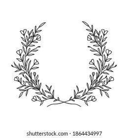 Hand drawn black floral oval frame wreath with space to your text on white background