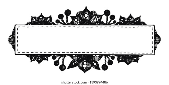 Hand drawn black frame with fantasy floral pattern on white background. Isolated vector illustration
