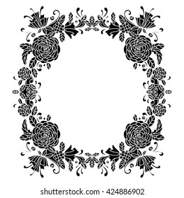Hand drawn black frame with flowers, leaves, floral pattern, isolated on white background