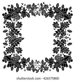 Hand drawn black frame with flowers, leaves, floral pattern, isolated on white background
