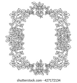 Hand drawn black frame with flowers, leaves, floral pattern, isolated on white background