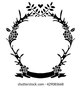 Hand drawn black frame with flowers, leaves, floral pattern, isolated on white background