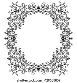 Hand drawn black frame with flowers, leaves, floral pattern, isolated on white background