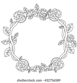 Hand drawn black frame with flowers, leaves, floral pattern, isolated on white background