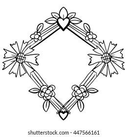 Hand drawn black frame with flowers, leaves, hearts isolated on white background