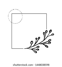 Hand drawn black frame with leaves and branch on a white background. Ideal for wedding cards and invitations with place for text