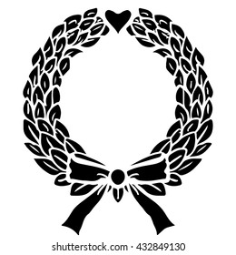 Hand drawn black frame with leaves, heart, bow, laurel wreath isolated on white background