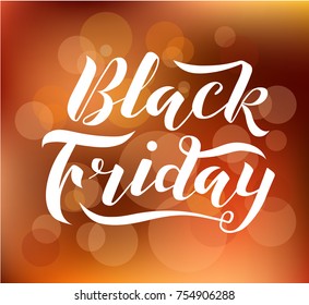 Hand drawn Black friday lettering text on blurred background with lights, vector illustration. Hand drawn Black friday for logotype/badge/icon/logo/banner/tag. Vector design for sale. Discount time.