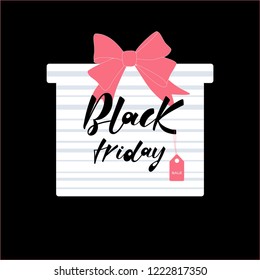Hand drawn BLACK FRIDAY typography poster. Gift box on black background.Text for card, postcard, logo, badge.  Vector illustration EPS 10


