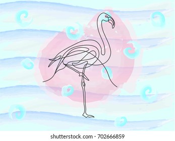 Hand drawn black futuristic minimalism style vector illustration.One line detailed flamingos design silhouette on lilac watercolor background.