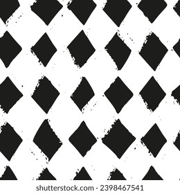Hand drawn black geometric rhombus seamless pattern. Monochrome ink background