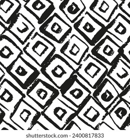 Hand drawn black geometric rhombus seamless pattern. monochrome ink background
