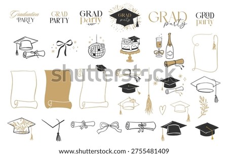 Hand drawn black and gold graduation doodles and line art elements for grad party and prom designs. Vector illustrations collection.