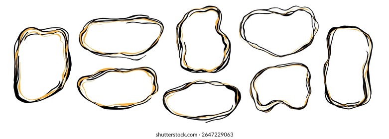 Molduras de tinta preto e dourado desenhadas à mão com formas orgânicas e incomuns. Abstrato geométrico redondo grunge design com linhas espirais. Forma linear expressiva minimalista do vetor. Estética única, fronteira.