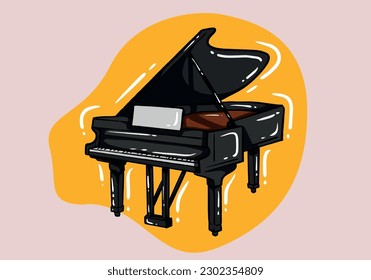 Delgado piano de cola negro de mano. Ilustración vectorial en estilo plano. Objeto para conceptos musicales y presentaciones diferentes.