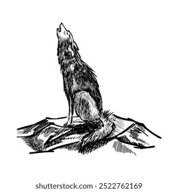 Hand drawn black graphic. Elements of Halloween. Moon and Wolf, Castle and Bats, Witch and Ghosts, Tombstone and Skull. Gloomy illustrations for Cards and Invitations. Ink drawn sketch Vector EPS 10