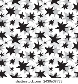 Hand drawn black and gray stars on white background vector seamless pattern