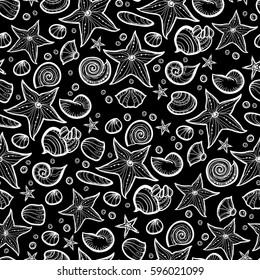 Hand drawn black and grey sea shells seamless pattern