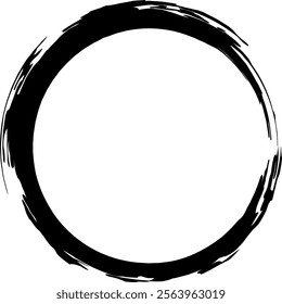 Hand drawn black grunge circle framing empty space evokes concepts of infinity, zen, and eternity, embodying simplicity and minimalism with its rough, imperfect edges