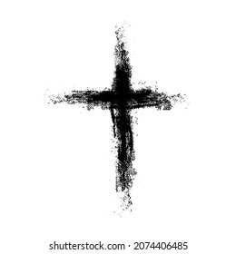 Hand drawn black grunge cross icon, simple Christian cross sign, hand-painted cross symbol created with real ink brush isolated on white background.