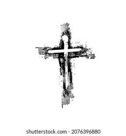 Hand drawn black grunge cross icon, simple Christian cross sign, hand-painted cross symbol created with real ink brush isolated on white background.