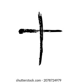 Hand drawn black grunge cross icon, simple Christian cross sign, hand-painted cross symbol created with real ink brush isolated on white background.