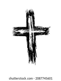 Hand drawn black grunge cross icon, simple Christian cross sign, hand-painted cross symbol created with real ink brush isolated on white background.