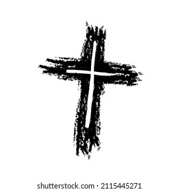 Hand drawn black grunge cross icon, simple Christian cross sign, hand-painted cross symbol created with real ink brush isolated on white background.