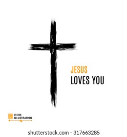 Hand drawn black grunge cross icon with text Jesus Loves you. Christian cross sign, hand-painted cross symbol created with real ink brush isolated on white background.