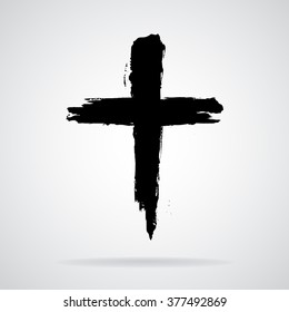 Hand drawn black grunge cross icon,Christian cross sign, hand-painted cross symbol created with real ink brush 