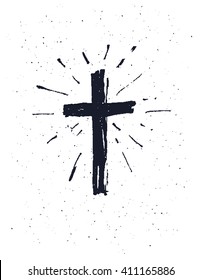 Hand drawn black grunge cross, simple Christian cross sign,  isolated on white background.