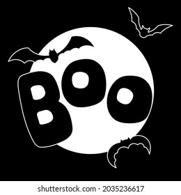 Hand drawn black halloween card with lettering boo and bats.