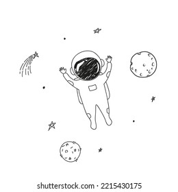 Hand drawn black happy astronaut, planets and stars in cute childish doodle style on white background. Vector illustration for cover, print, fabric, textile, patterns, baby and kids apparel and more.