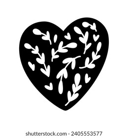 Hand drawn black heart love with white branches. Vector valentine shape logo icon illustration. Decor for greeting card, wedding, mug, photo overlays, t-shirt print, flyer, poster design