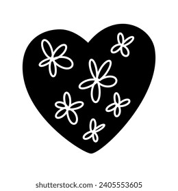 Hand drawn black heart love with white flowers. Vector valentine shape logo icon illustration. Decor for greeting card, wedding, mug, photo overlays, t-shirt print, flyer, poster design