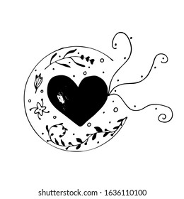 Hand drawn black heart in the round frame and decoration elements. Vector illustration.