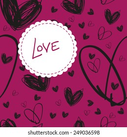 hand drawn black heart texture on pink background with label, textile or packing paper, background for landing page or site, greetings card, doodle, sketch