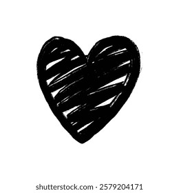 A hand drawn black heart with a textured grunge style is isolated on a white background.