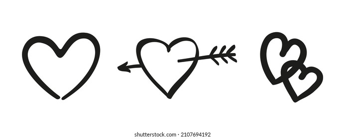 Hand drawn black hearts on isolated white background. Freehand art. Valentine's day. Black and white illustration