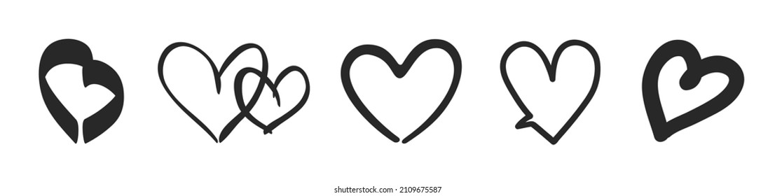 Hand drawn black hearts on isolated white background. Black and white illustration