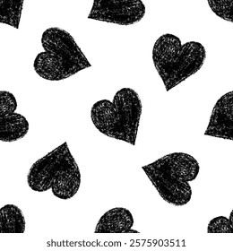 Hand drawn black hearts seamless pattern on white background
