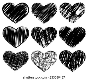 Hand drawn black hearts set. Vector