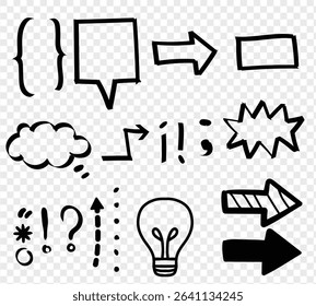 Hand drawn black highlight, text underline, emphasis mark, line shape set. Hand drawn scribble arrow, love heart, speech bubble, crown element. Marker, pen brush stroke. Vector illustration