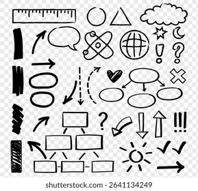 Hand drawn black highlight, text underline, emphasis mark, line shape set. Hand drawn scribble arrow, love heart, speech bubble, crown element. Marker, pen brush stroke. Vector illustration