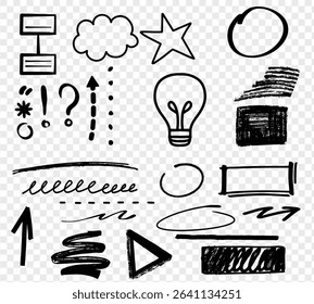 Hand drawn black highlight, text underline, emphasis mark, line shape set. Hand drawn scribble arrow, love heart, speech bubble, crown element. Marker, pen brush stroke. Vector illustration