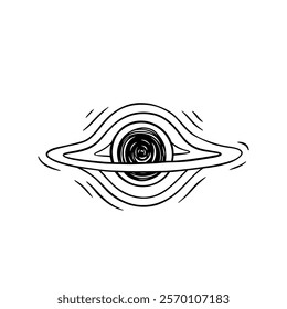 Hand drawn black hole with circle light effect. Fantastic space wormhole with round energy rings and active neon trails isolated on white background.